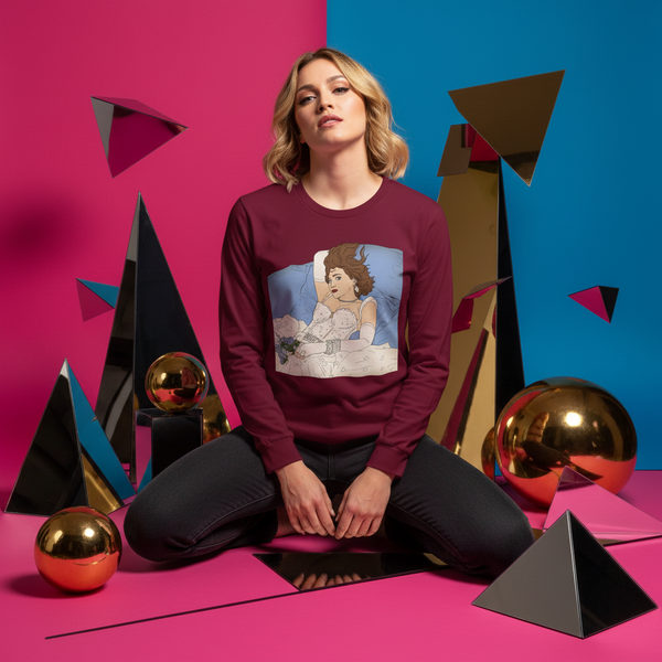 Model seated in a burgundy long-sleeve shirt with a reclining person illustration