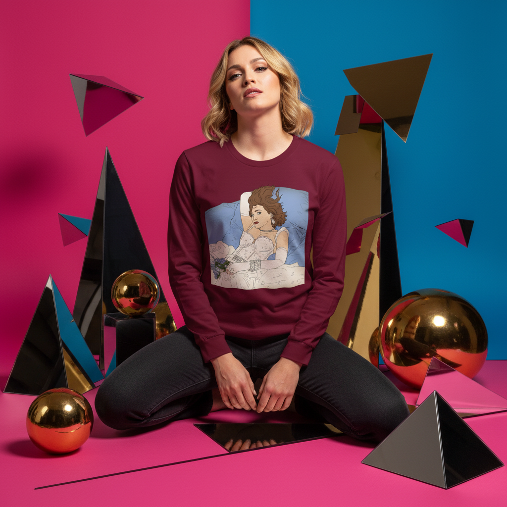 Young woman wearing the Madonna Like A Virgin Unisex Long Sleeve Tee with a reclining woman illustration, surrounded by geometric props, embodying bold, prideful, and inclusive self-expression.