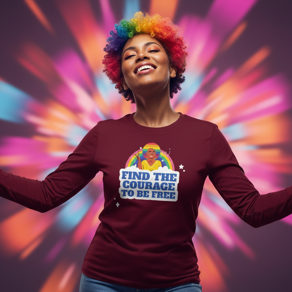 Vibrant rainbow-haired person in a Find The Courage To Be Free Unisex Long Sleeve T-Shirt, celebrating queer pride and self-expression with joyful, empowering style.