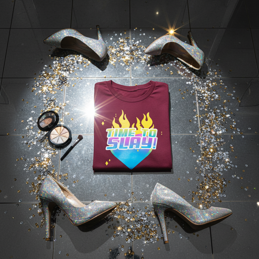 Folded burgundy long-sleeve shirt reading “TIME TO SLAY!” among glitter and heels