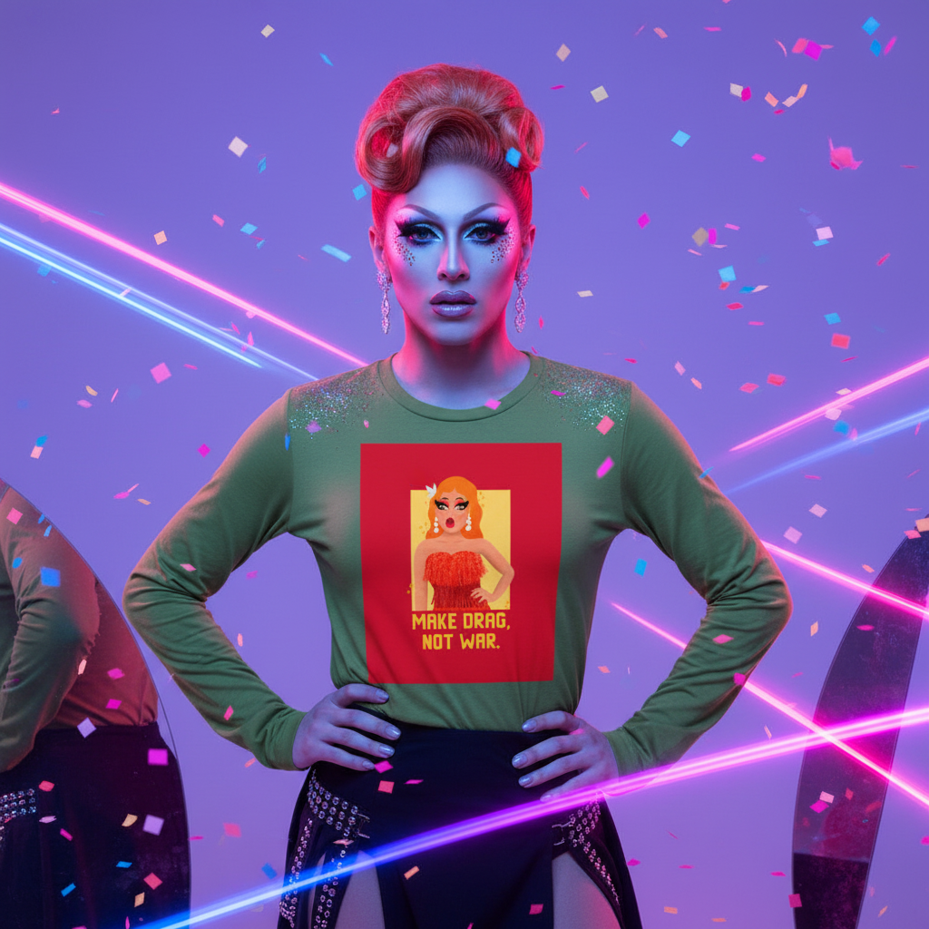 Unisex long sleeve tee with “MAKE DRAG, NOT WAR” and cartoon queen, worn by a drag artist amid neon lights and confetti.