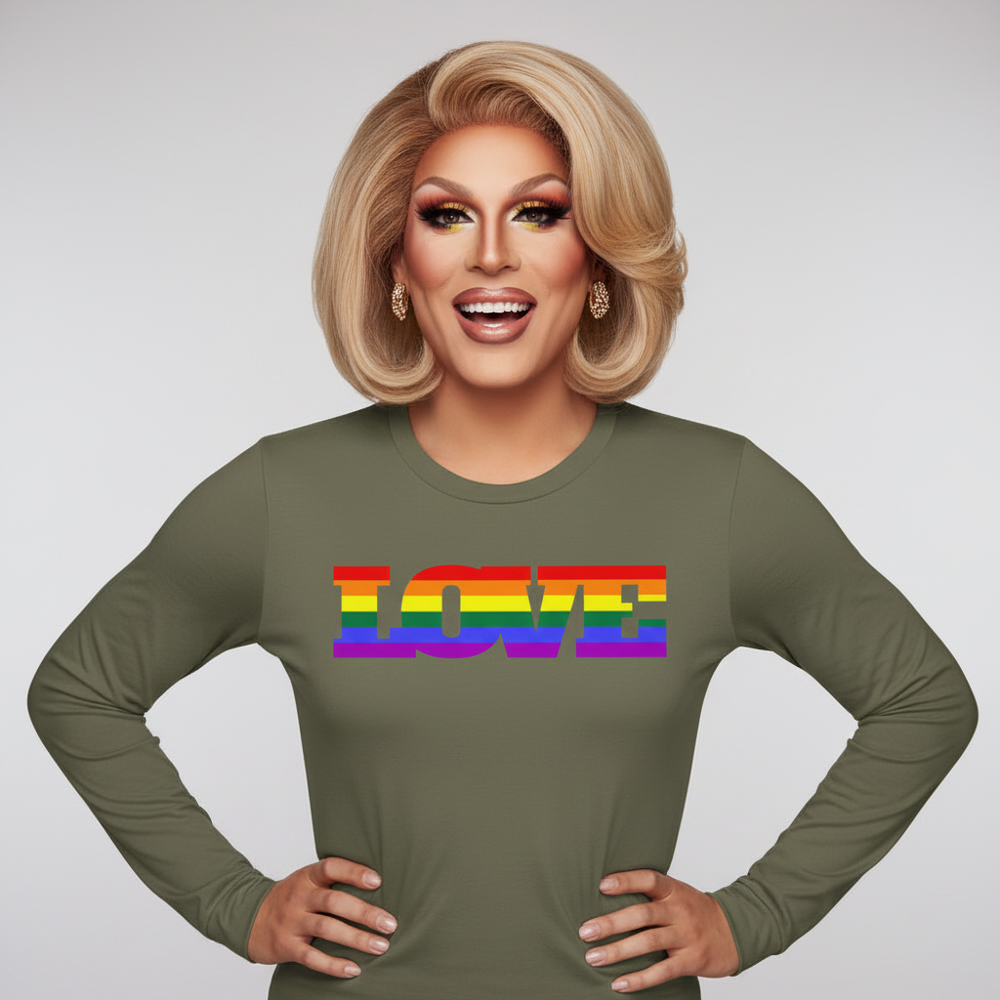 Gay Love Unisex Long Sleeve T-Shirt with "LOVE" in rainbow pride colors, worn by a drag queen; light gray background.
