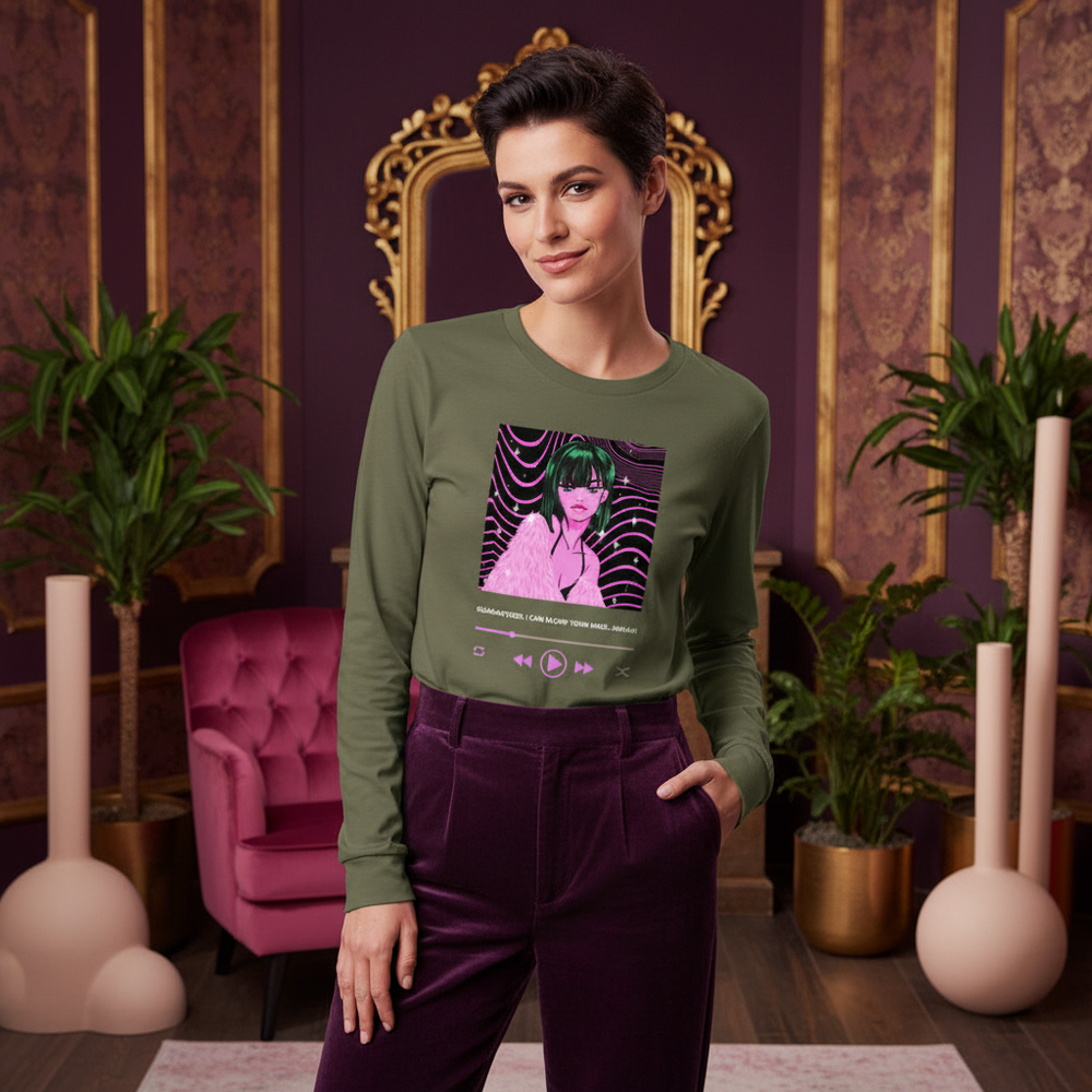 Unisex long sleeve T-shirt reading "Guaranteed, I Can Blow Your Mind...mwah!" worn by short-haired woman in a purple room.