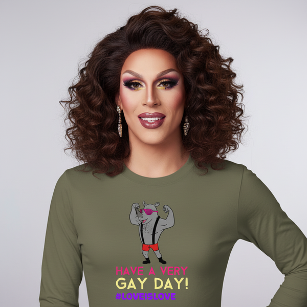 Olive-green long sleeve tee reading 