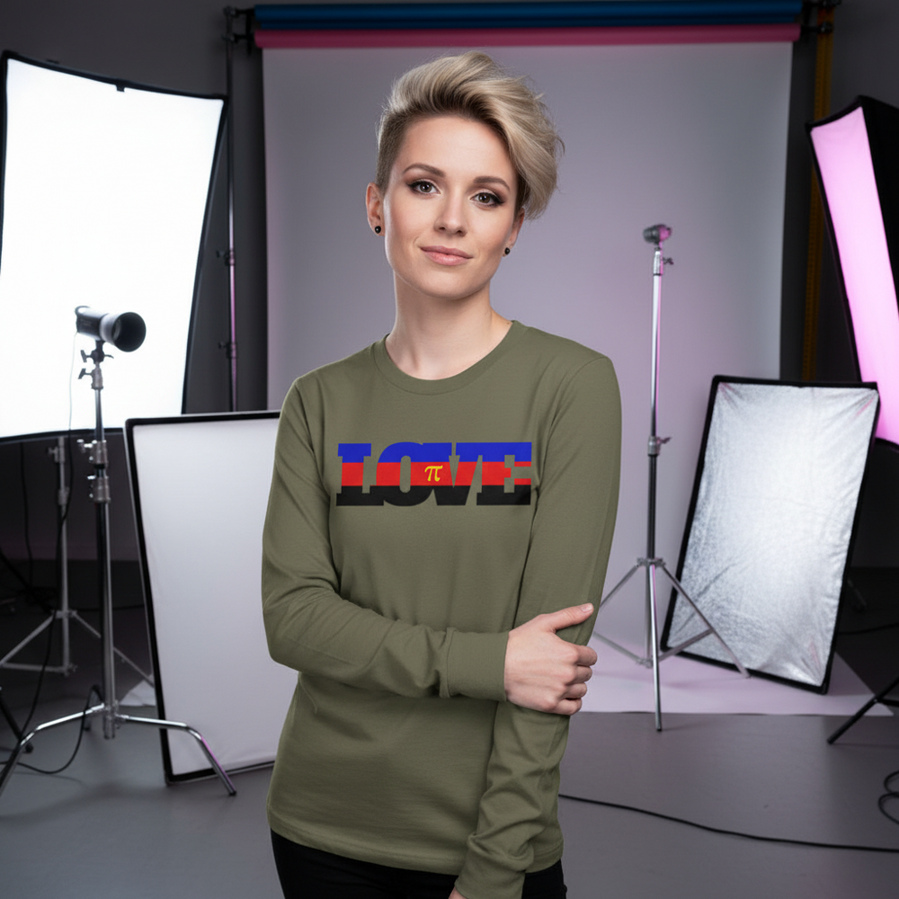 Model wearing an olive long-sleeve shirt with LOVE lettering and a pi symbol