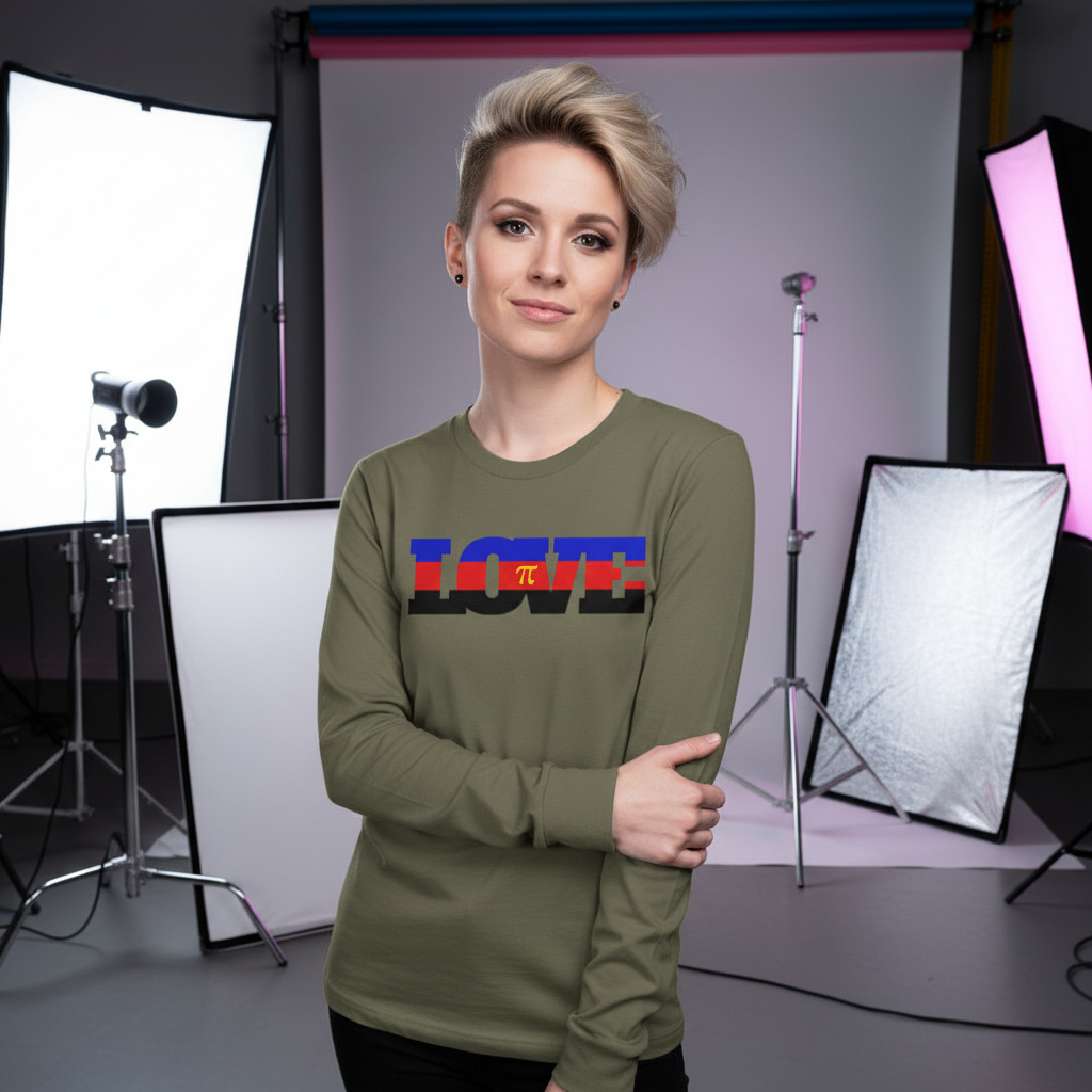 Young person in a studio wears the Polyamory Love Unisex Long Sleeve T-Shirt, featuring LOVE with a pi symbol, in horizontal blue, red, and black bands, embodying pride and self-expression.