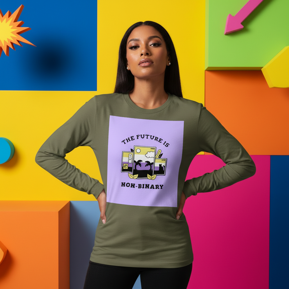 Model wearing an olive long-sleeve shirt with a lilac “THE FUTURE IS NON-BINARY” graphic