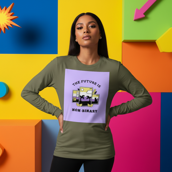 Model wearing an olive long-sleeve shirt with a lilac “THE FUTURE IS NON-BINARY” graphic