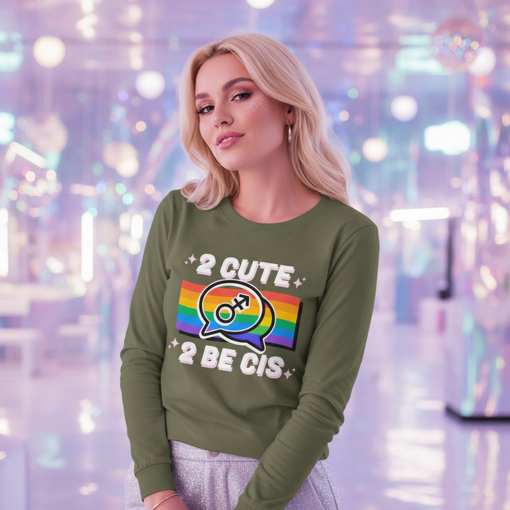 Young woman in an olive-green 2 Cute 2 Be Cis Unisex Long Sleeve T-Shirt, featuring a rainbow flag and empowering slogan, embodies Queer In The World's prideful, inclusive, and expressive fashion ethos.
