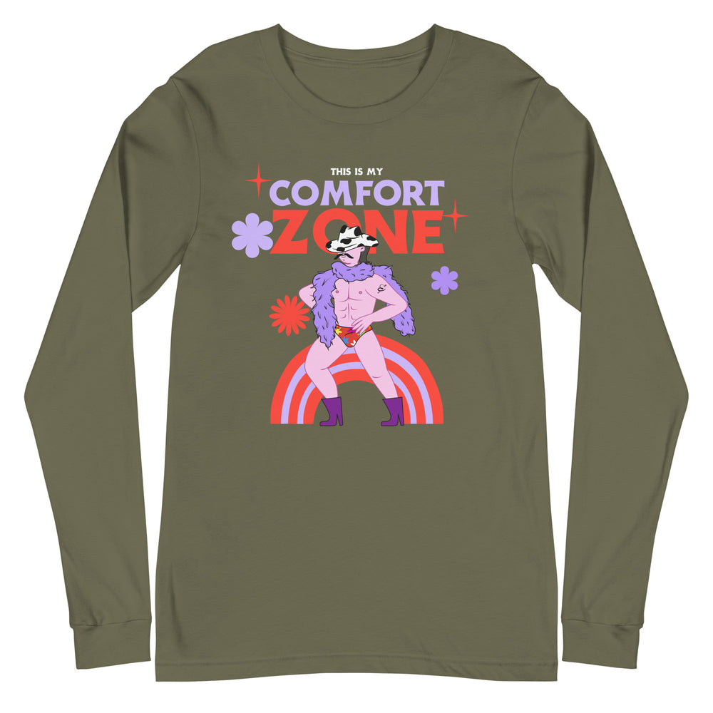 Front view of an olive long-sleeve shirt reading “This Is My Comfort Zone,” with a colorful cartoon figure