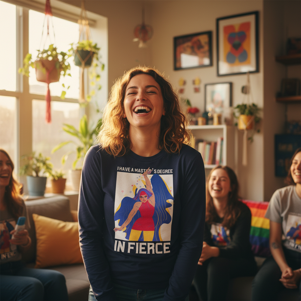 Navy long-sleeve T-shirt with “I HAVE A MASTER’S DEGREE IN FIERCE” graphic