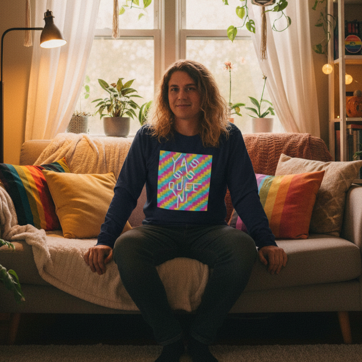 Yasss Queen Unisex Long Sleeve T-Shirt worn by a long-haired person on a sofa with rainbow-striped pillows and plants nearby.
