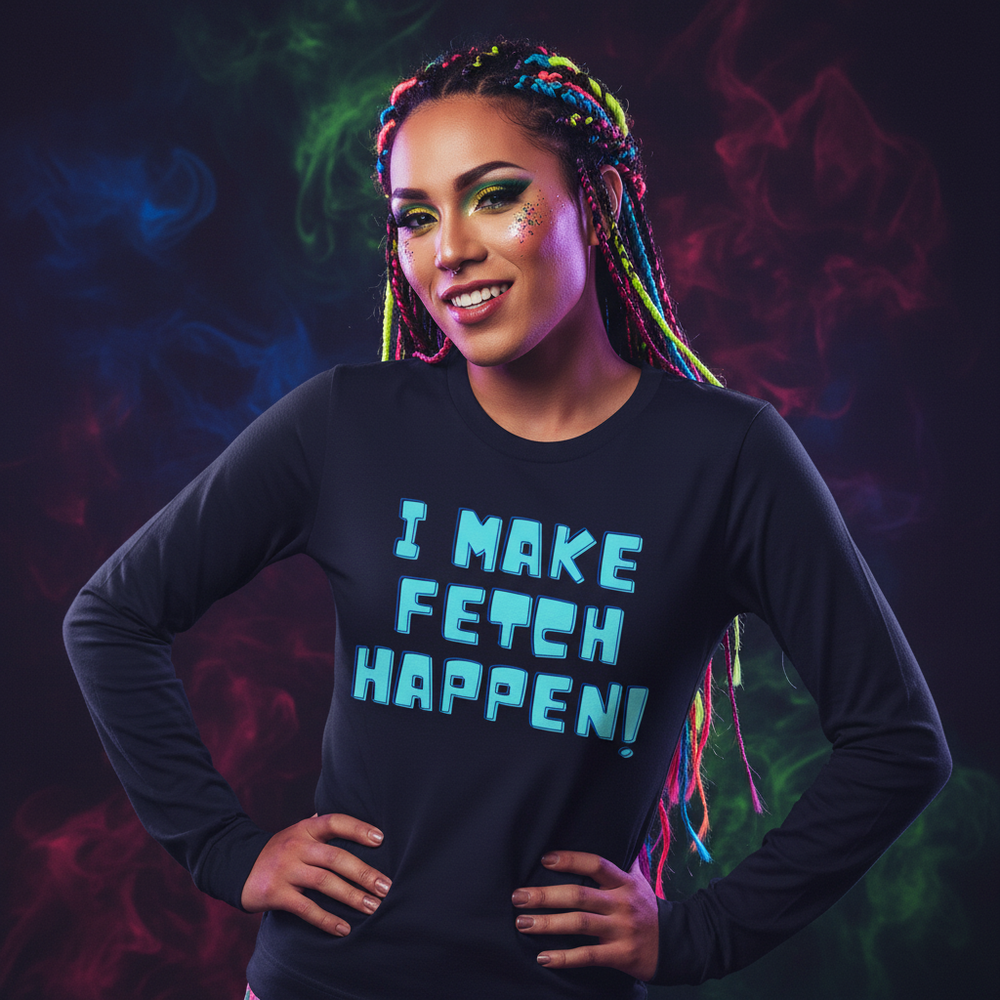 Person wearing a black long-sleeve shirt reading “I MAKE FETCH HAPPEN!”