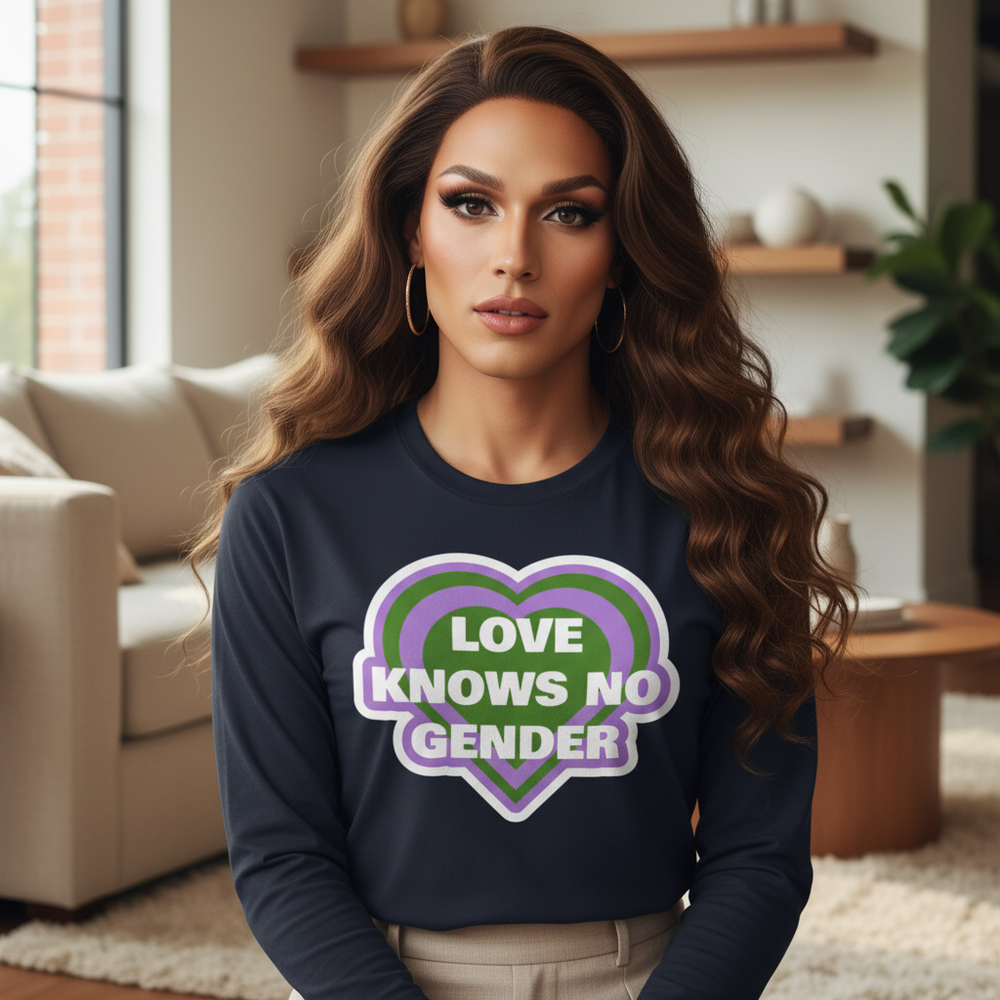 Front-facing model wears a navy long-sleeve shirt reading “LOVE KNOWS NO GENDER”