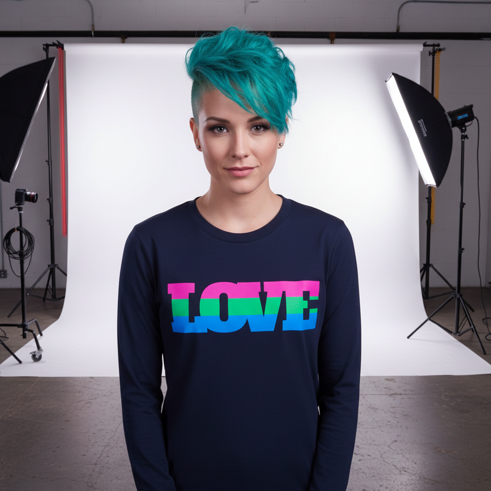 Front-facing model in a navy long-sleeve shirt with multicolor striped LOVE lettering