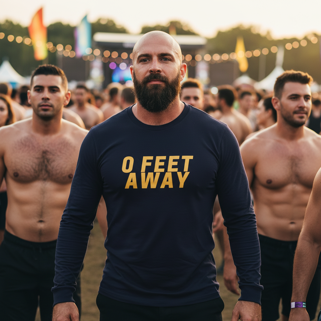 Zero Feet Away Grindr unisex navy long sleeve tee, worn by a bearded man at a lively queer outdoor fest among shirtless folks and neon lights.