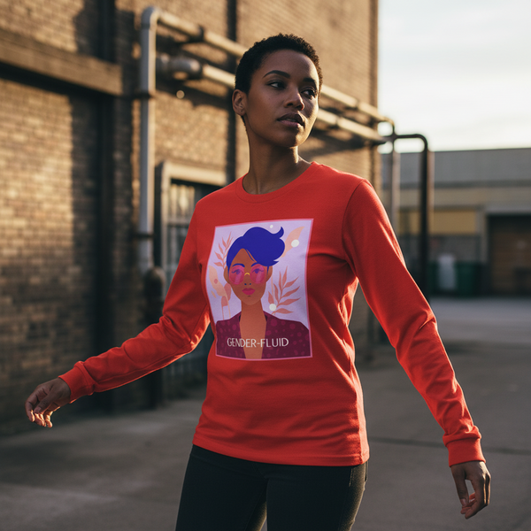 Gender-fluid Unisex Long Sleeve T-Shirt in bold red, featuring an illustrated GENDER-FLUID portrait, worn proudly at dusk.