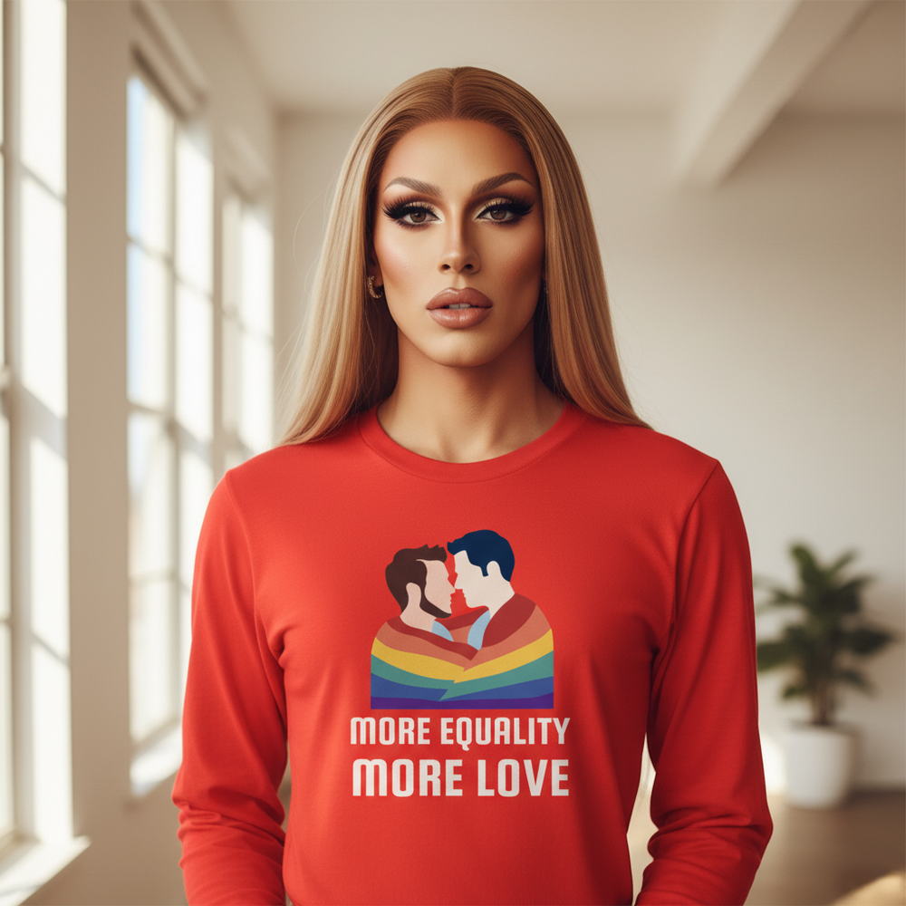 Front-facing model wearing a red long-sleeve shirt with rainbow stripes and “MORE EQUALITY MORE LOVE” text