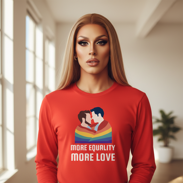 Front-facing model wearing a red long-sleeve shirt with rainbow stripes and “MORE EQUALITY MORE LOVE” text