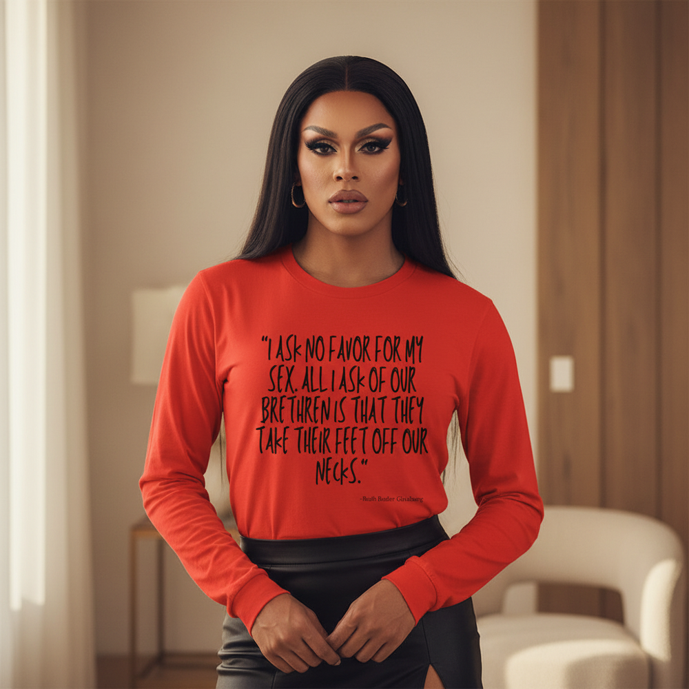 Front-view model wearing a red long-sleeve shirt with a black Ruth Bader Ginsburg quote
