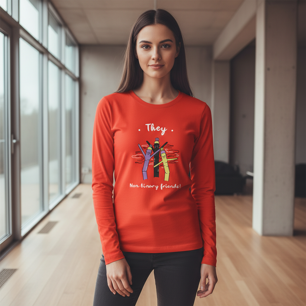 Model wearing a red long-sleeve shirt reading “They” and “Non-binary friends!”