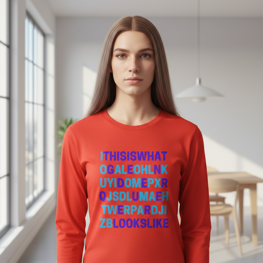 Young adult wearing “This Is What Genderqueer Looks Like” unisex long sleeve t-shirt with blue text sequences, embodying pride and self-expression in a minimalist, sunlit room.