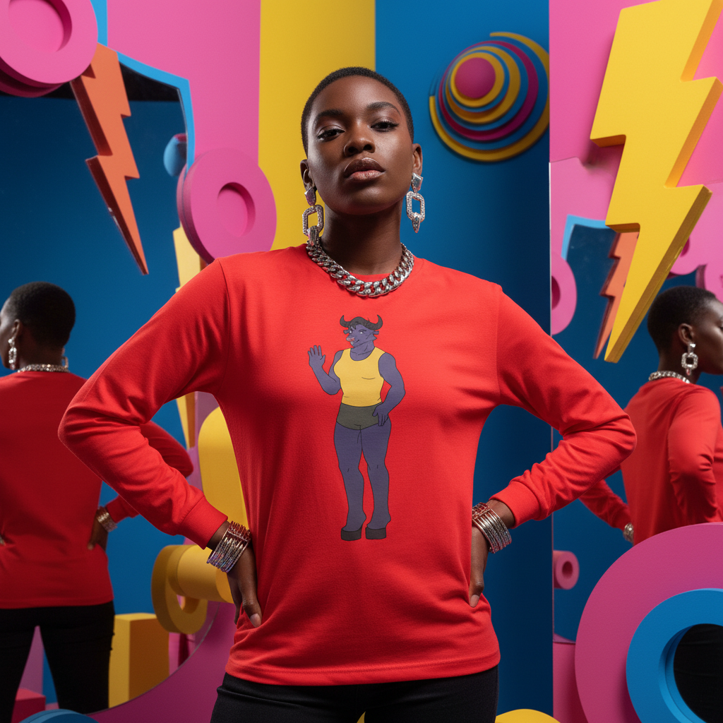 Model wearing a red long-sleeve shirt with a cartoon bull-horned figure on the front