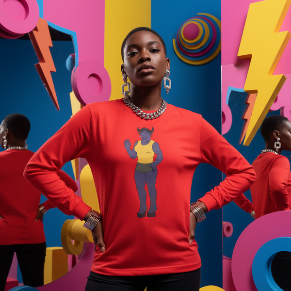 Model wearing a red long-sleeve shirt with a cartoon bull-horned figure on the front