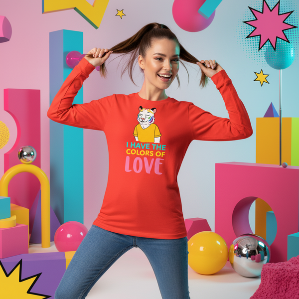 Front-view model in a red long-sleeve shirt reading “I HAVE THE COLORS OF LOVE”