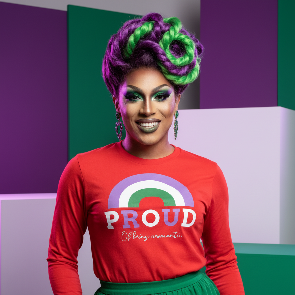 Drag performer wears the Proud Of Being Aromantic Unisex Long Sleeve T-Shirt, featuring a bold rainbow graphic, celebrating LGBTQIA+ pride with vibrant makeup and accessories, exuding joyful, empowering self-expression.