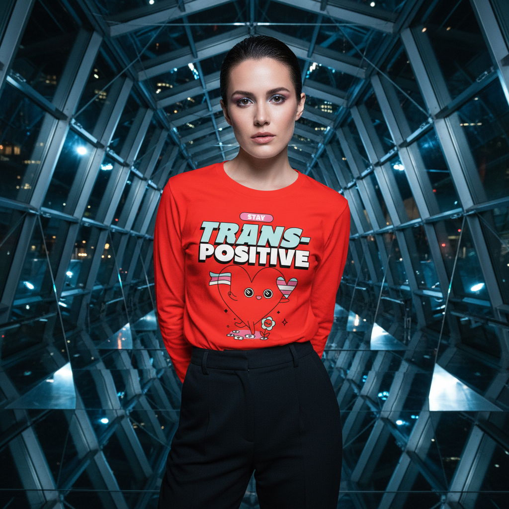 Stay Trans-Positive unisex long sleeve tee with cute cat graphic, worn by woman in a glass tunnel at night; queer, futuristic vibe.
