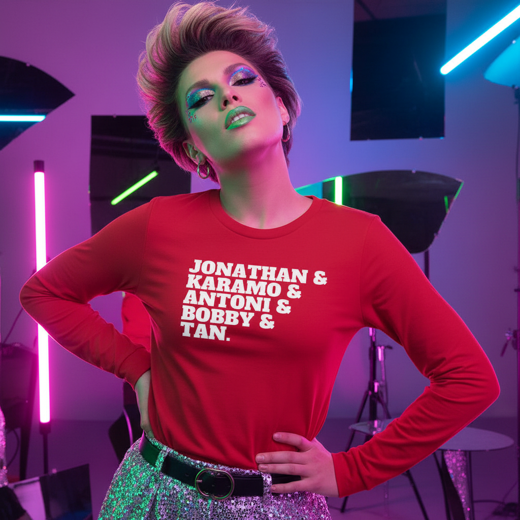 Model wearing a red unisex long-sleeve shirt reading “JONATHAN & KARAMO & ANTONI & BOBBY & TAN.”