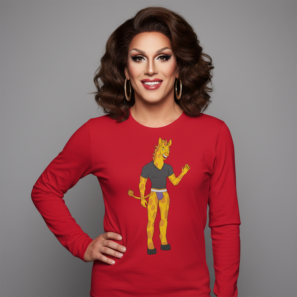 Red Gay Giraffe unisex long sleeve tee with a waving cartoon giraffe in black shirt and shorts, modeled by a queer femme.