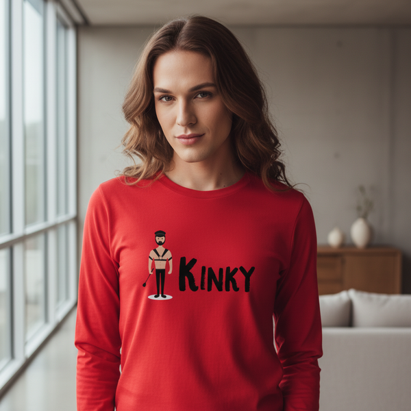 Model wearing a red long-sleeve shirt with a cartoon figure and “KINKY” text