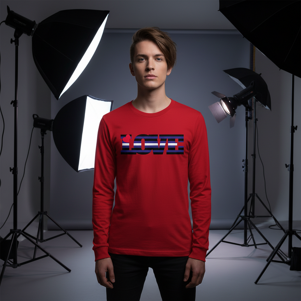 Front-facing model in a red long-sleeve shirt with striped LOVE lettering in a studio
