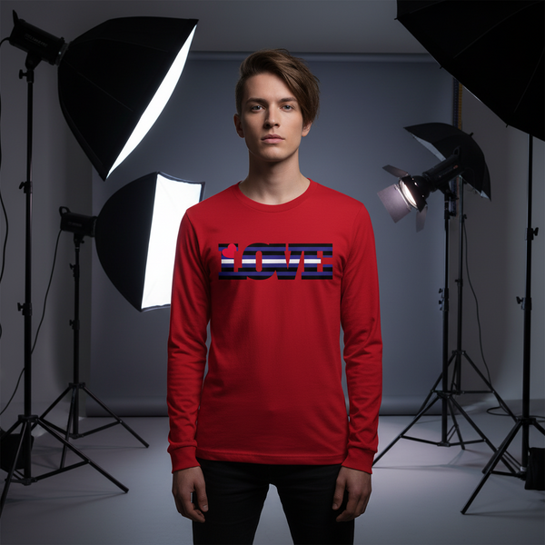 Front-facing model in a red long-sleeve shirt with striped LOVE lettering in a studio