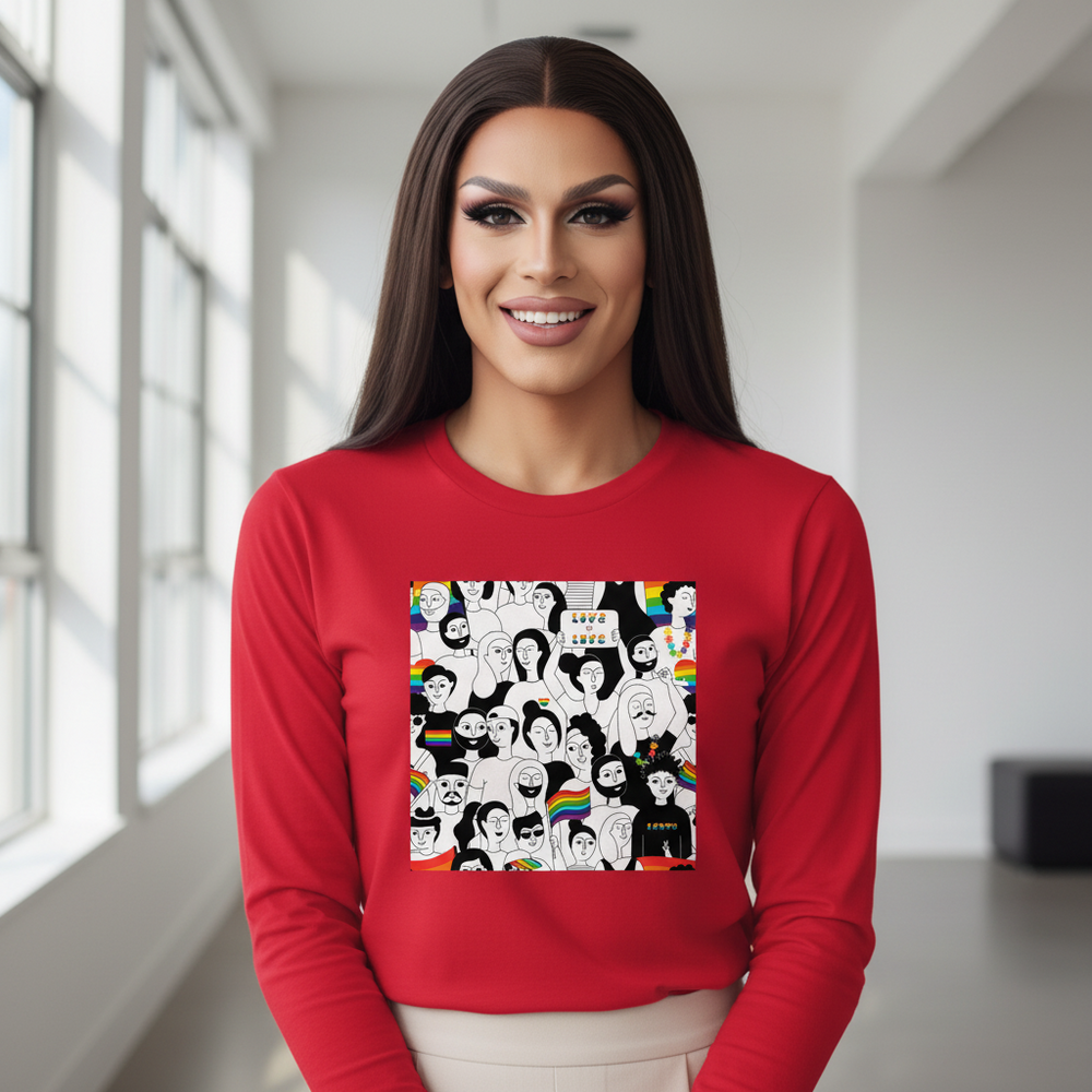 Smiling model in a red long-sleeve shirt with a black-and-white Pride face collage