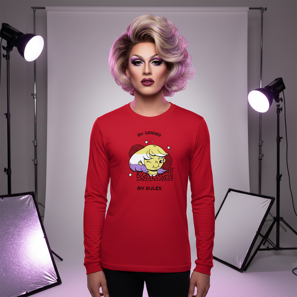 Front view of a person wearing a red long-sleeve shirt reading “MY GENDER MY RULES”