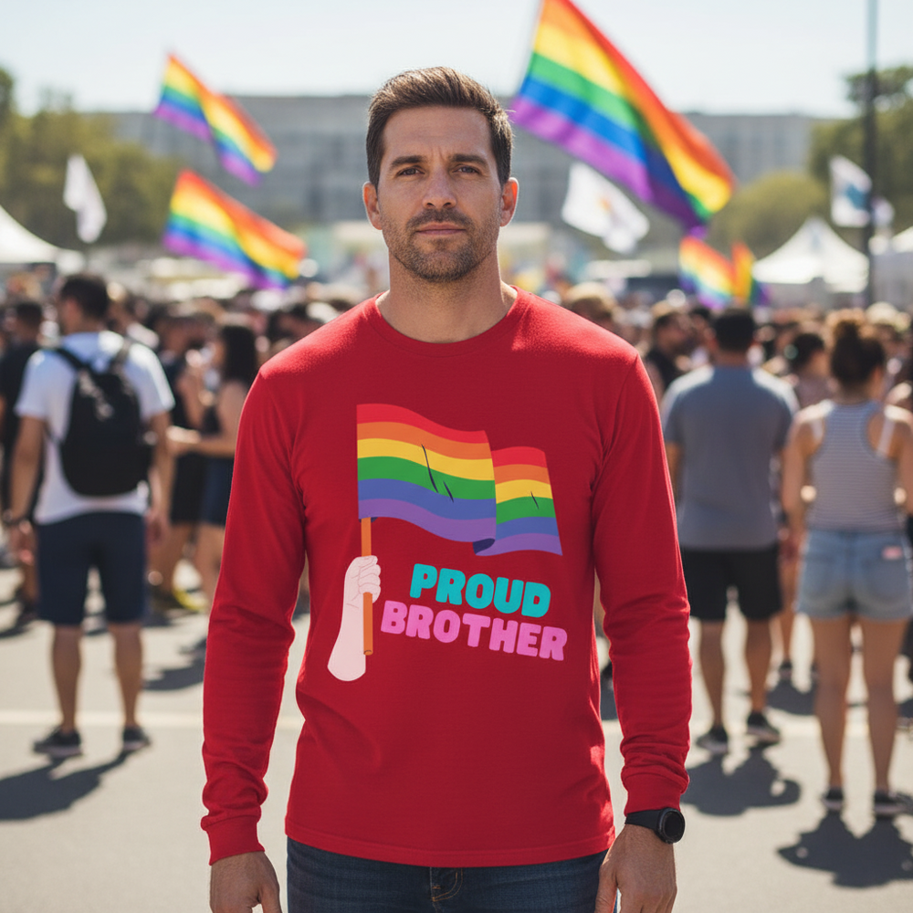 Unisex long sleeve tee with rainbow Pride flag and "Proud Brother" text, worn by a man at an outdoor LGBTQ+ Pride event.