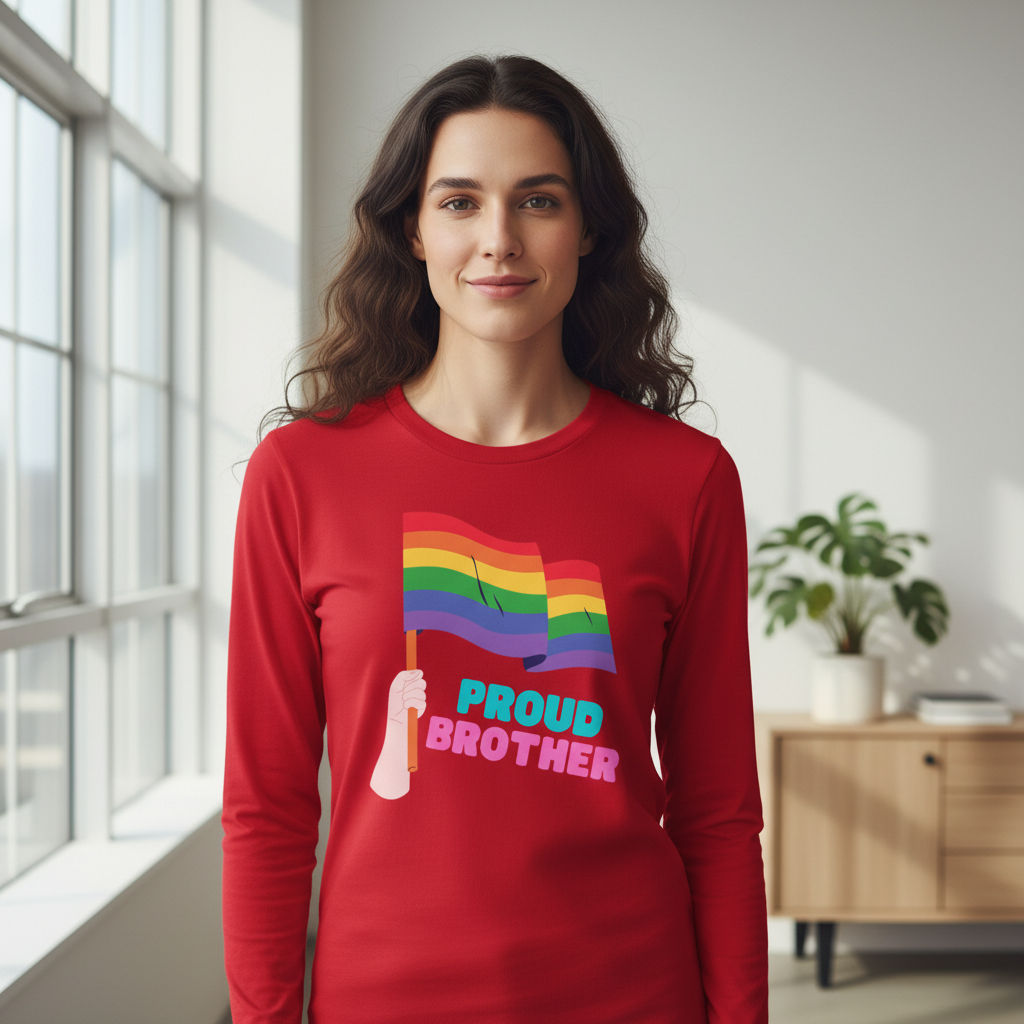 Young person in a Proud Brother Unisex Long Sleeve T-Shirt, featuring a hand with a rainbow pride flag, embodying empowerment and self-expression in a minimalist setting.