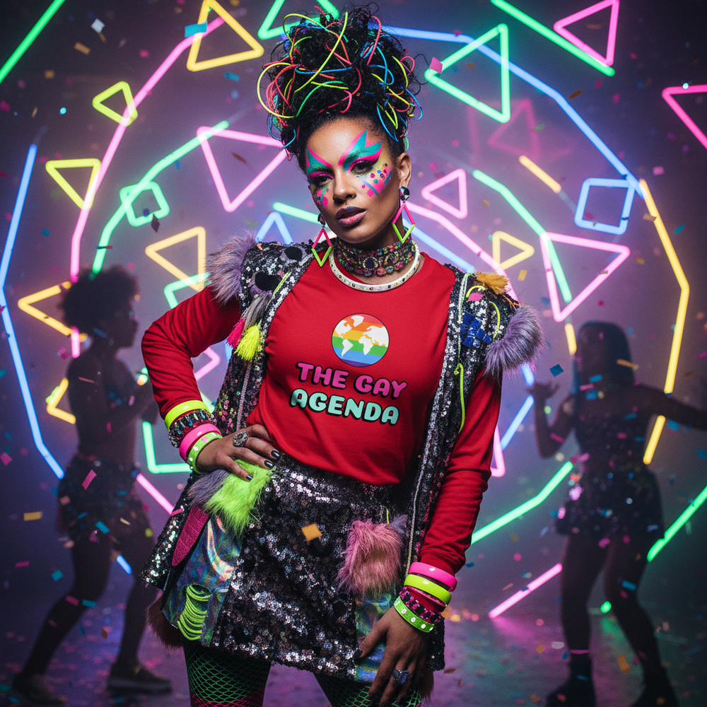 The Gay Agenda Unisex Long Sleeve T-Shirt on a confident queer person in colorful drag, posing amid neon lights and confetti.