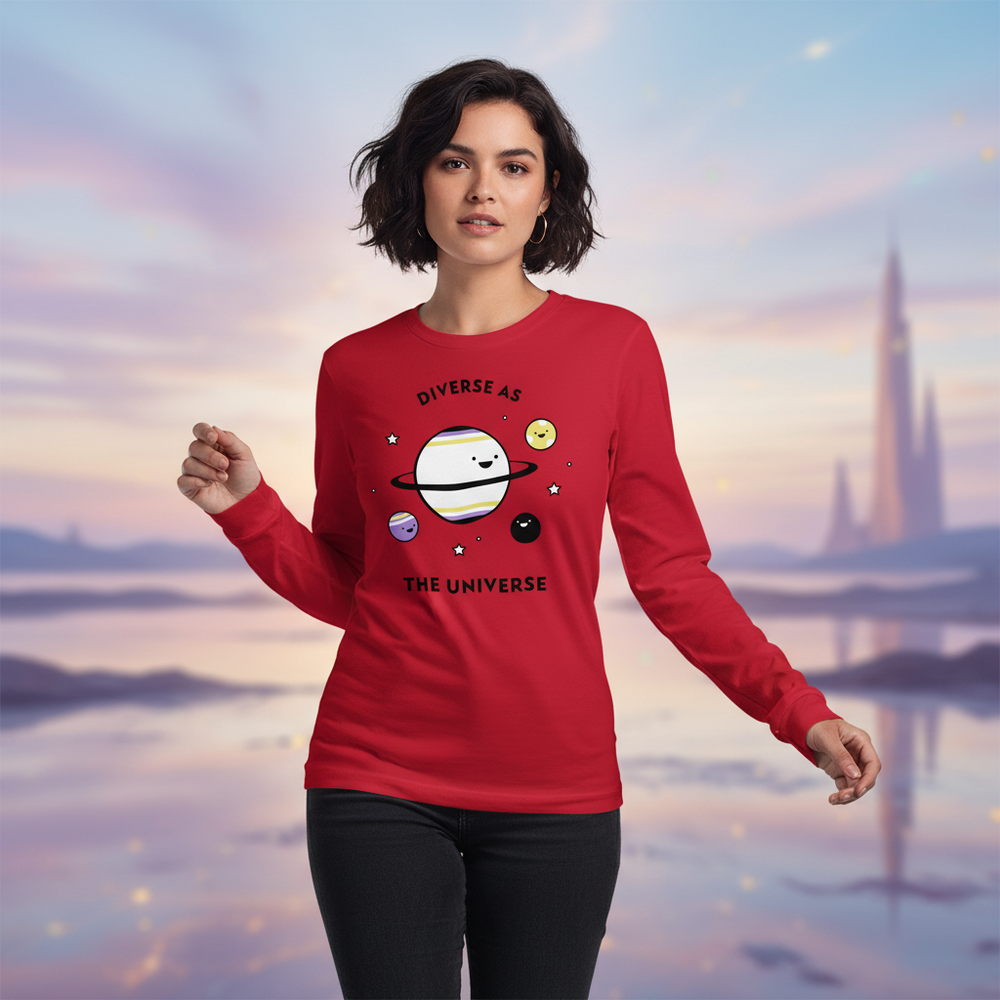 Front-facing model in a red long-sleeve shirt reading “DIVERSE AS THE UNIVERSE” with smiling planets