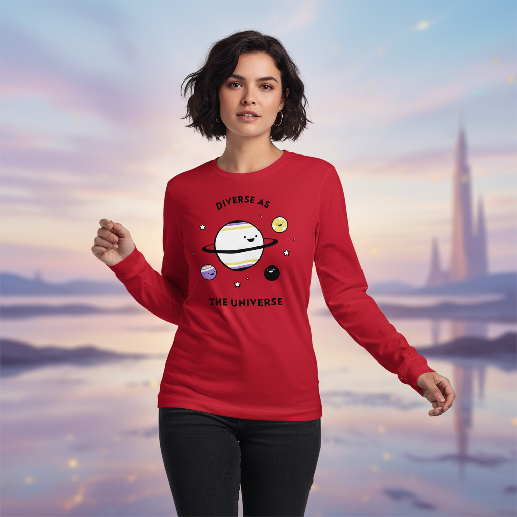 Front-facing model in a red long-sleeve shirt reading “DIVERSE AS THE UNIVERSE” with smiling planets