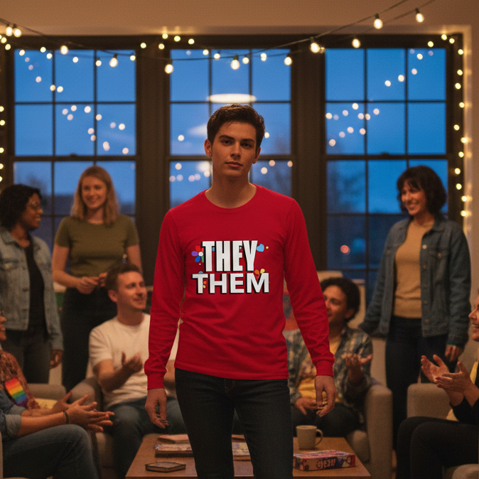 A young person confidently models the They / Them Unisex Long Sleeve T-Shirt at a lively gathering, symbolizing visibility and pride, with friends celebrating in a warm, inclusive environment.
