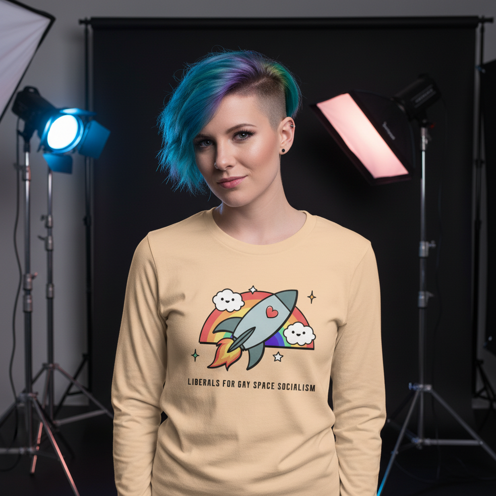 Person modeling a tan long-sleeve shirt with a rainbow rocket graphic and slogan