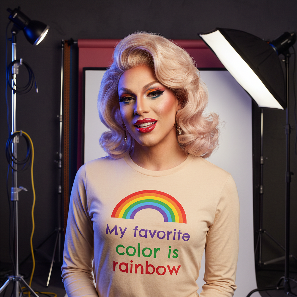 Model in a cream long-sleeve shirt reading “My favorite Color is rainbow” beneath a rainbow graphic