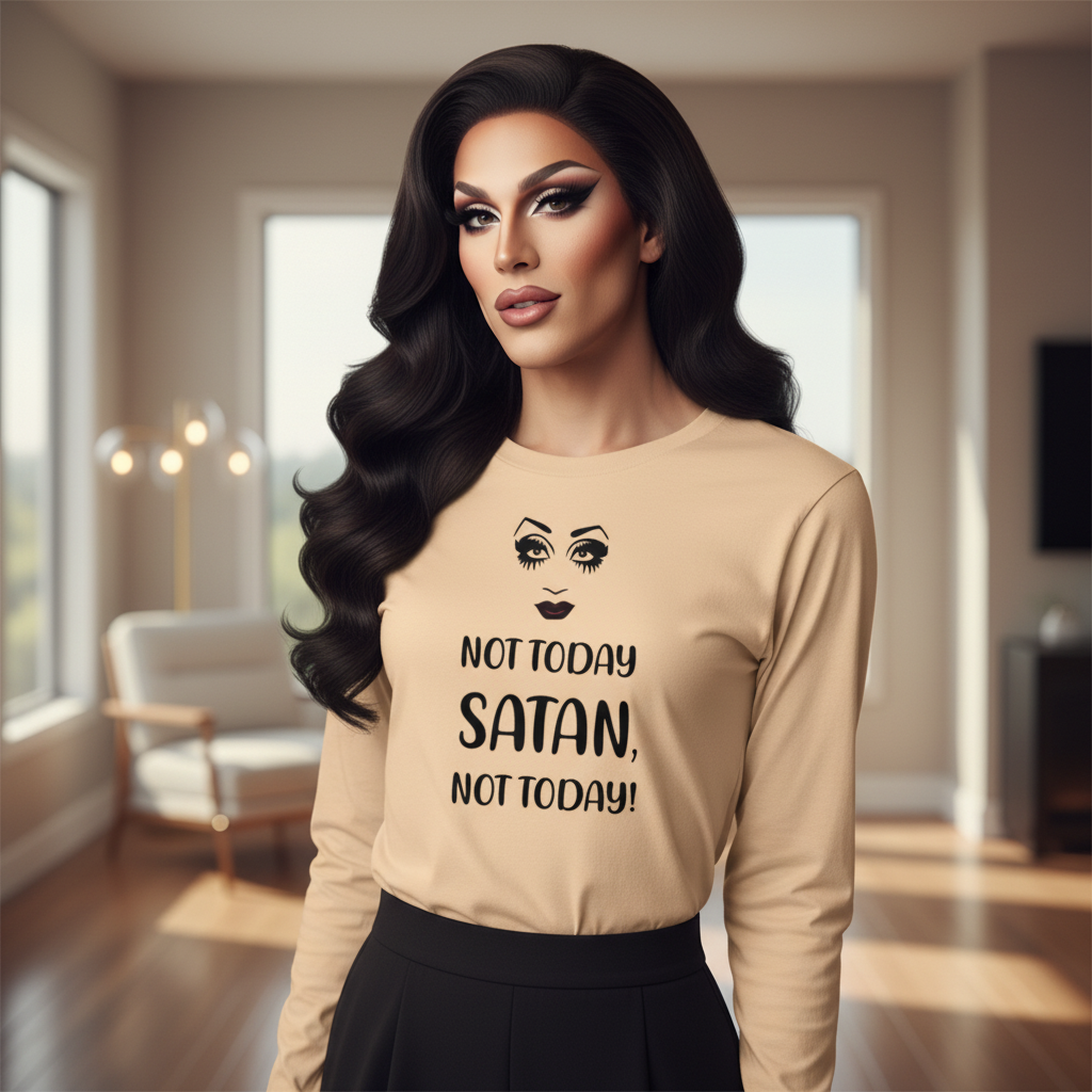 Drag-inspired individual in a beige Not Today Satan Unisex Long Sleeve T-Shirt, featuring a minimalist face design and empowering slogan, exudes queer pride and self-expression in a stylish, modern living room.