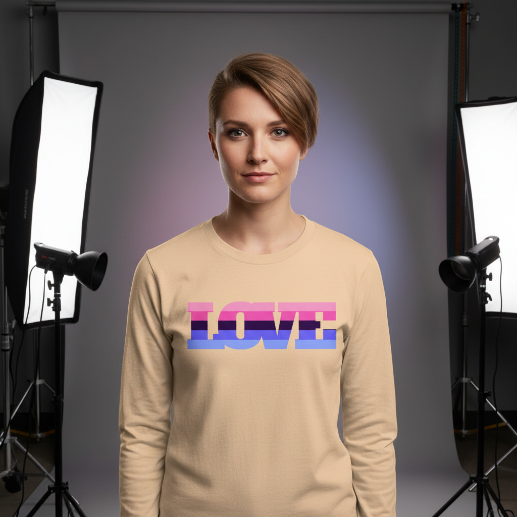 Person modeling the Omnisexual Love Unisex Long Sleeve T-Shirt, featuring LOVE in vibrant stripes, in a studio with softbox lighting. Celebrating pride, this versatile shirt embodies queer empowerment and self-expression.