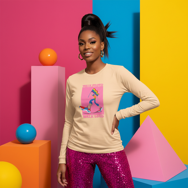 Model wearing a beige long-sleeve shirt with a colorful walking-figure graphic and “WALK PROUD WALK LOUD” text