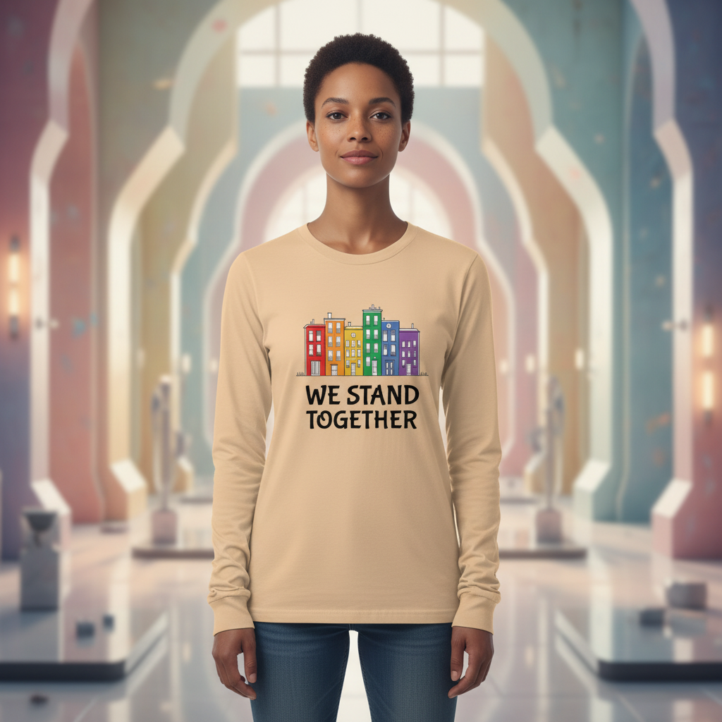 Model wearing a tan long-sleeve shirt with colorful buildings and “WE STAND TOGETHER” text